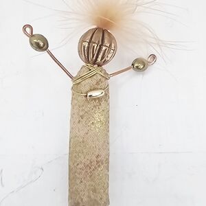 Modernist, Revival Gold and Tan Beaded Fuzzy Hair Decorative Figurine Brooch Pin